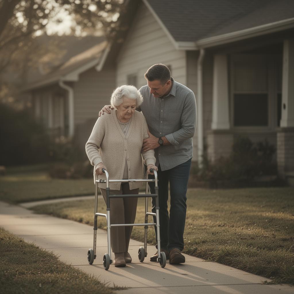 A son walks gently with his elderly mother as she uses her walker outside her home
