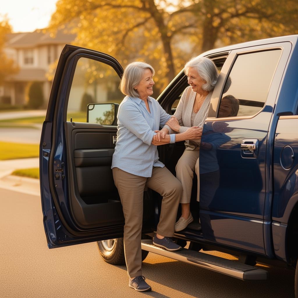 A caregiver smiles as she helps an elderly woman step down from the passenger seat of a pickup truck