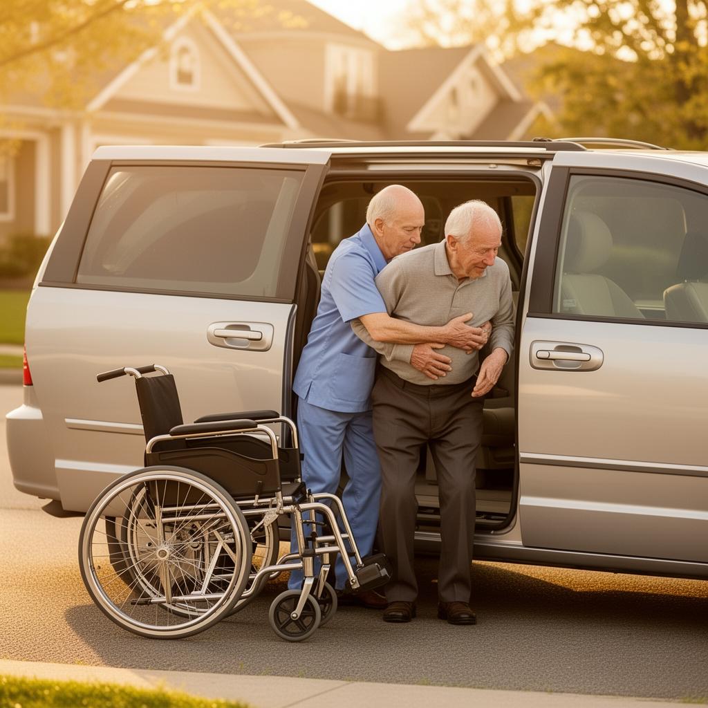 A caregiver gently helps an elderly man transfer from a wheelchair into the side door of a minivan