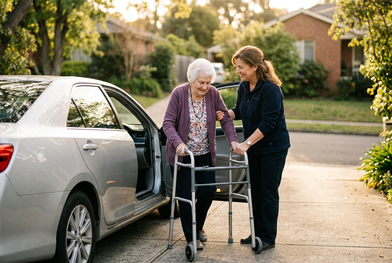 A friendly caregiver gently helping an elderly woman with her walker step out of a sedan in a sunlit driveway
